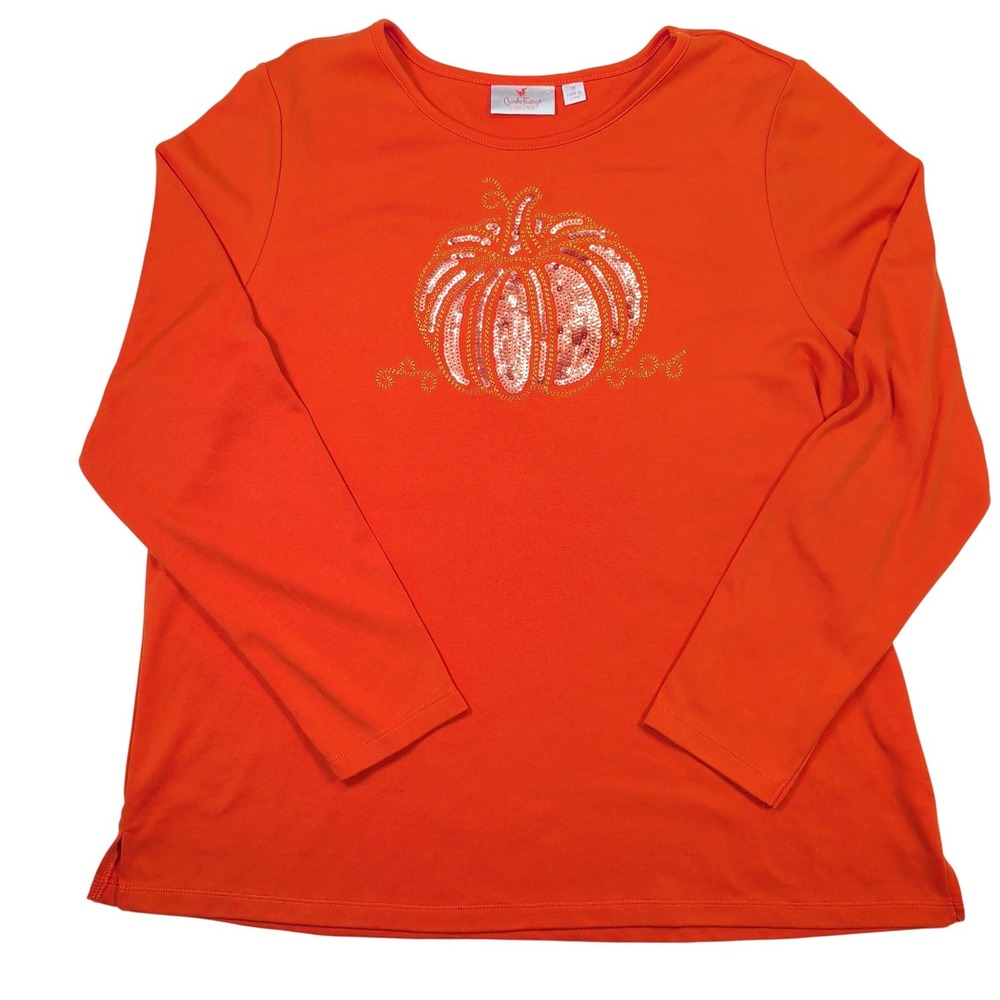 Quacker Factory Womens Shirt 1X Orange Sequin Pumpkin Fall Autumn Grandmacore